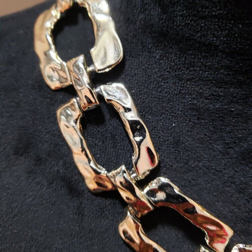 Womens Fashion Silver Tone Hammered Ripple Square Link Chain Necklace Jewelry - Picture 5 of 5